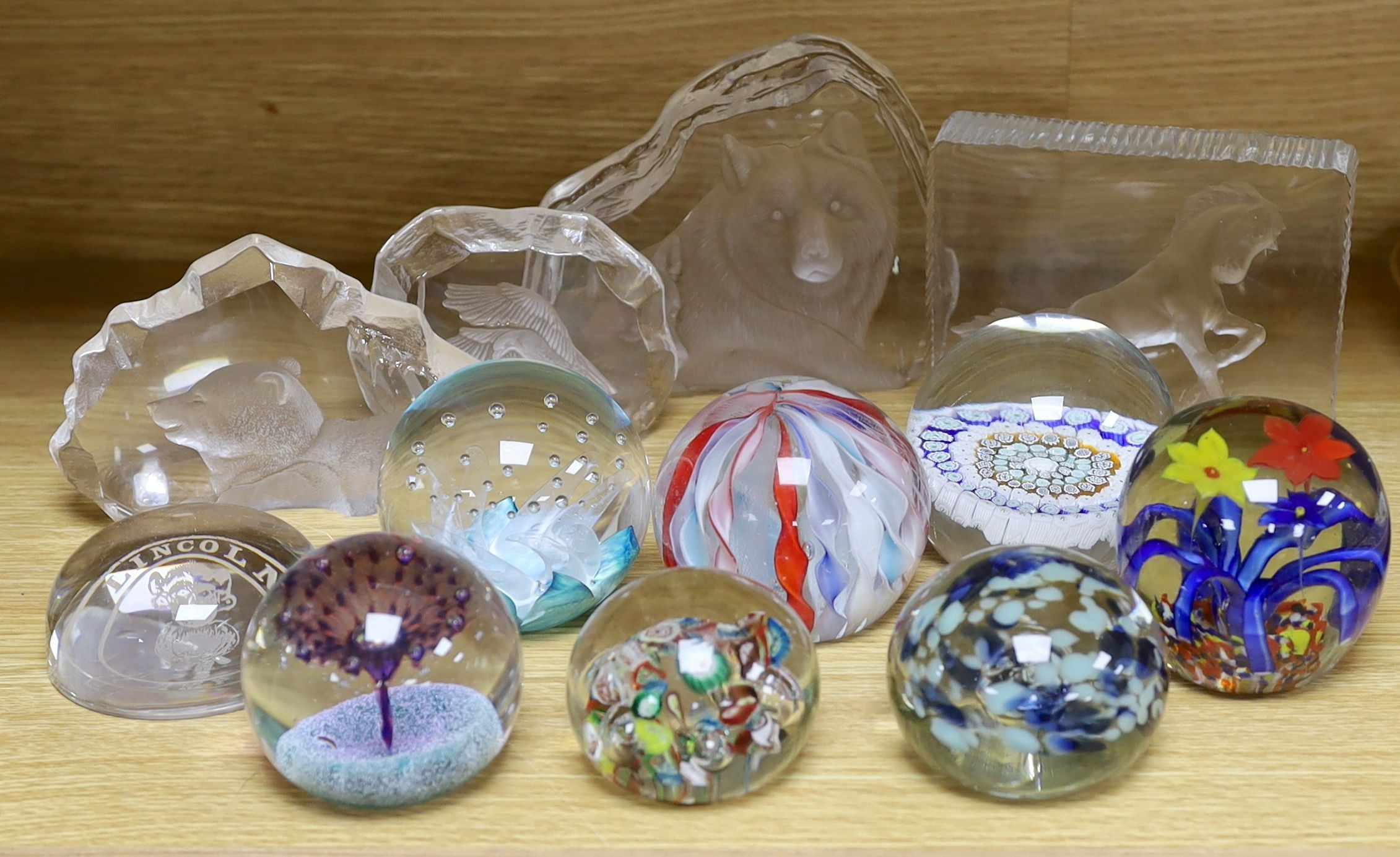 Eight assorted paperweights and three Orrefors type ornaments (11)